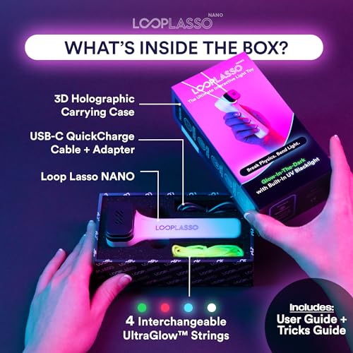 Loop Lasso® NANO - The Original Glow-in-The-Dark String Shooter Toy - Built-in UV Blacklight - Safe Fun Adult & Kids Rope Launcher Gift - Viral Fidget Toy - Music Festival Rave Accessory (NANO)