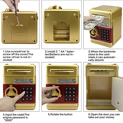 Elemusi Piggy Bank for Kids ATM Electronic Password Cash Coin Bank,Money Saving Box for Kids,Boys Girls (Gold)