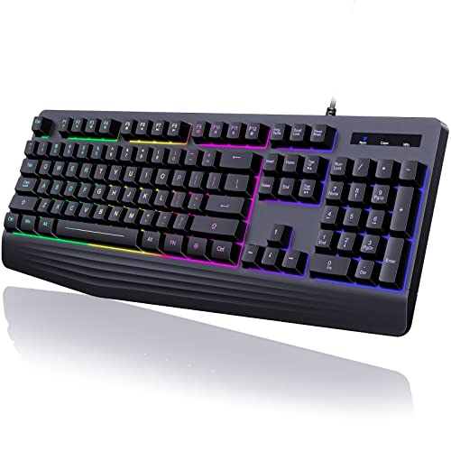 yesbeaut 7-Color Rainbow LED Gaming Keyboard with Wrist Rest