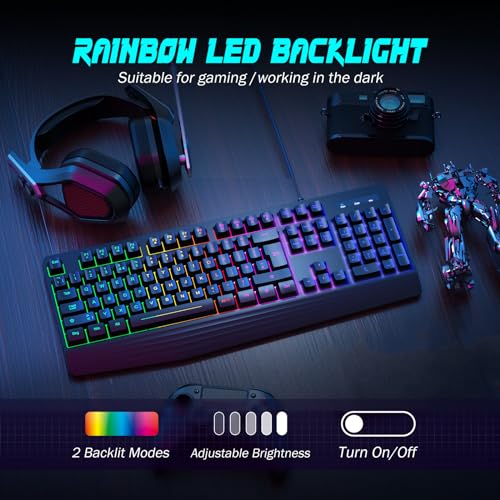 yesbeaut 7-Color Rainbow LED Gaming Keyboard with Wrist Rest