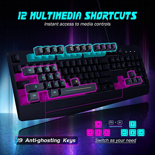 yesbeaut 7-Color Rainbow LED Gaming Keyboard with Wrist Rest