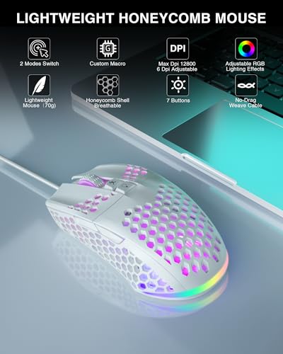 SOLAKAKA SM900 White Wired Honeycomb Gaming Mouse, 12800 DPI