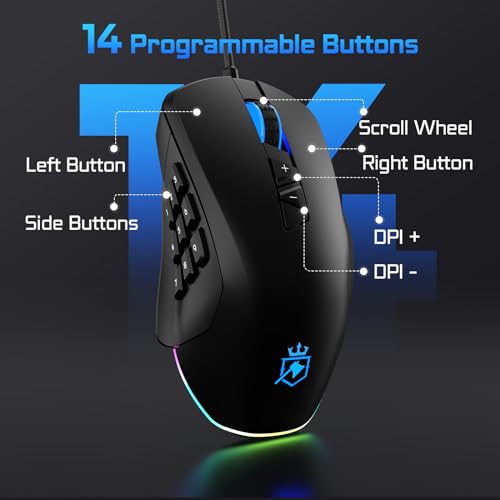ROYALAXE Wired Gaming Mouse: MMO Mouse with 14 Buttons