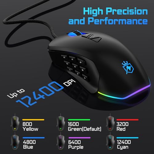 ROYALAXE Wired Gaming Mouse: MMO Mouse with 14 Buttons