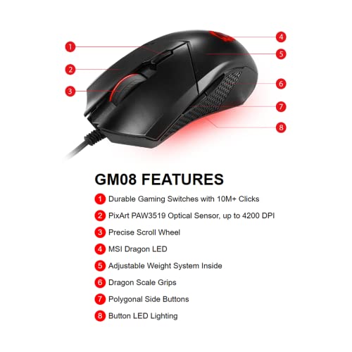 MSI Clutch GM08 Gaming Mouse, 4200 DPI, Red LED