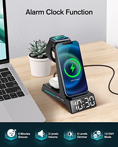4-in-1 Wireless Charger with Alarm Clock: iPhone, Samsung, AirPods, Apple Watch