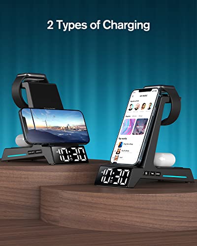4-in-1 Wireless Charger with Alarm Clock: iPhone, Samsung, AirPods, Apple Watch