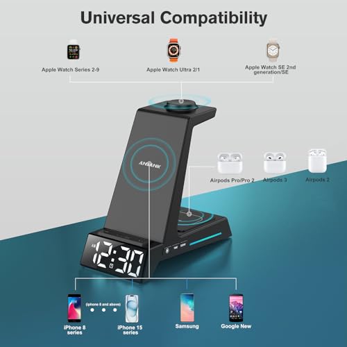 4-in-1 Wireless Charger with Alarm Clock: iPhone, Samsung, AirPods, Apple Watch