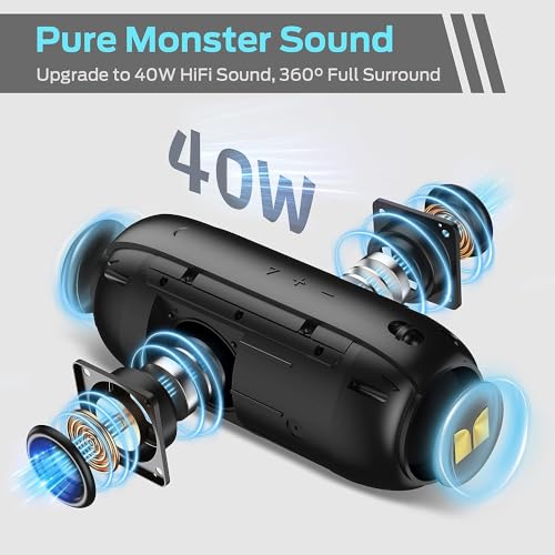 Monster S320 Bluetooth Speaker, Portable Bluetooth Speaker, 40W True Wireless Speaker,360° Stereo Sound Effect,IPX7 Waterproof Speaker, 32 Hour Playing Time,Suitable for Outdoor Speaker, Black