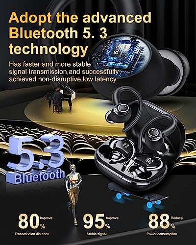 Wireless Earbuds Bluetooth 5.3 Headphones Sport, 2024 Wireless Earphones with Earhooks, HiFi Stereo Deep Bass with ENC Mic, 40H Dual LED Display, IPX7 Waterproof Ear Bud for Small Ear Running/Workout