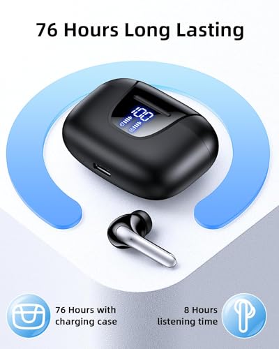 Wireless Earbuds 76Hrs Playtime Ear Buds Bluetooth Headphones with LED Power Display Charging Case Stereo in-Ear Earphones IPX7 Waterproof Sports Headset with Mic for Phone Laptop TV Black