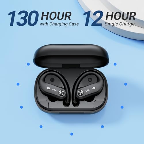 occiam Wireless Earbuds Bluetooth Headphones Sport-130H Playback Ear Buds, 4 Mics Clear Call, IP7 Waterproof in-Ear Stereo Bass Earphones with Earhook for TV Andriod Phone Gym Running Workout (Black)