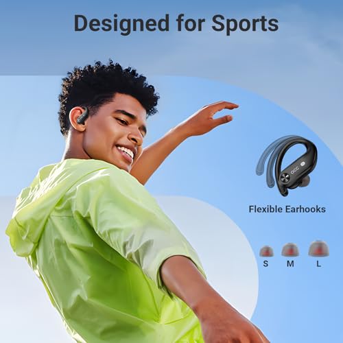 occiam Wireless Earbuds Bluetooth Headphones Sport-130H Playback Ear Buds, 4 Mics Clear Call, IP7 Waterproof in-Ear Stereo Bass Earphones with Earhook for TV Andriod Phone Gym Running Workout (Black)