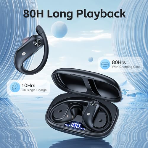 Wireless Earbuds Bluetooth Headphones 80Hrs Playback Sport Ear Buds with LED Display Charging Case IPX7 Waterproof Earphones with Mic & Earhook In Ear Headsets for TV Phone Workout Running Black