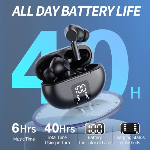 Carego Wireless Ear Buds, Earbuds Bluetooth 5.3 Headphones 40H Playtime LED Display, HiFi Stereo Sound Waterproof in-Ear Earphones with Microphone for iPhone/Samsung/Android (Black)