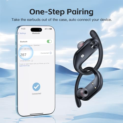 Wireless Earbuds Bluetooth Headphones 80Hrs Playback Sport Ear Buds with LED Display Charging Case IPX7 Waterproof Earphones with Mic & Earhook In Ear Headsets for TV Phone Workout Running Black