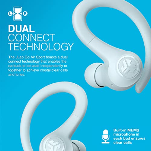 JLab Go Air Sport True Wireless Earbuds, Light Blue, Featuring C3 Clear Calling, Secure Earhook Sport Design, 32+ Hour Bluetooth Playtime, and 3 EQ Sound Settings