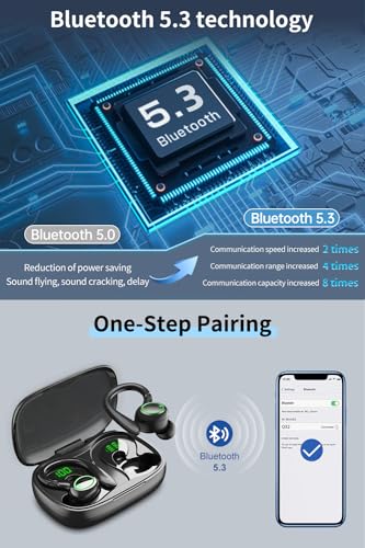 Wireless Earbuds, 60H Playback Bluetooth 5.3 Headphones,Noise Cancelling Wireless Headphones with LED Battery Display, Mics Clear Call, IPX6 Waterproof Bluetooth Earbuds for Workout Sports (BLACK)
