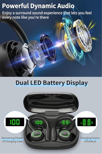 Wireless Earbuds, 60H Playback Bluetooth 5.3 Headphones,Noise Cancelling Wireless Headphones with LED Battery Display, Mics Clear Call, IPX6 Waterproof Bluetooth Earbuds for Workout Sports (BLACK)