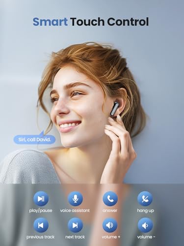 QYCAITEK Bluetooth Headphones 5.3 Stereo Wireless Earbuds, 50 Hours of Playback with LED Display in-Ear Ear Buds with 4 Microphones IPX7 Waterproof Earphones for Sports, Black