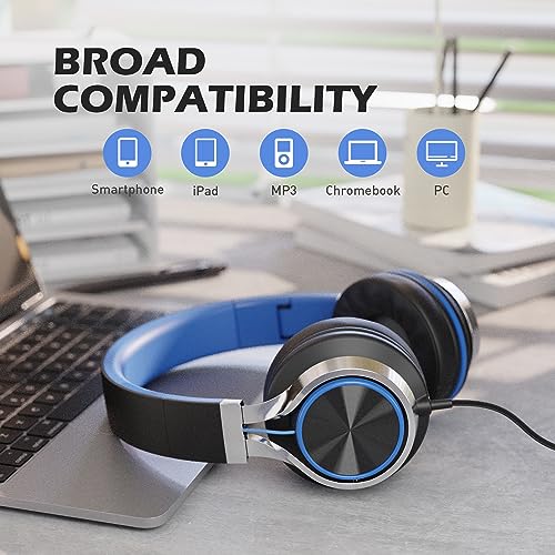 AILIHEN C8 Headphones Wired, On-Ear Headphones with Microphone and Volume Control Foldable Corded Stereo 3.5mm Headset for Smartphones Chromebook Laptop Computer PC Tablets Travel(Black/Blue)