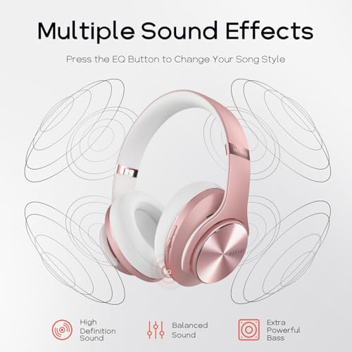 DOQAUS Bluetooth Headphones Over-Ear, 90 Hrs Playtime Wireless Headphones with 3 EQ Modes,HiFi Foldable Headphones with Microphone and Soft Protein Earpads for iPhone, Travel, Home Office (Rose Gold)