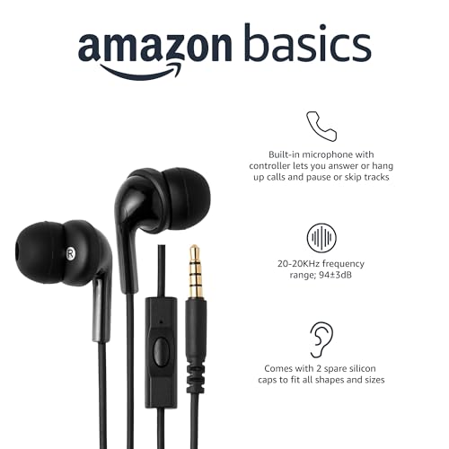 Amazon Basics In Ear Wired Headphones, Earbuds with Microphone No Wireless Technology, 51.18 x 0.79 x 0.51 inches, Black