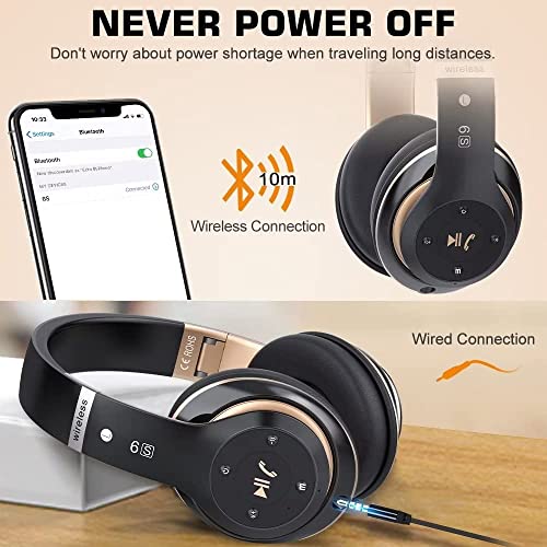 PRTUKYT 6S Wireless Bluetooth Headphones Over Ear, Hi-Fi Stereo Foldable Wireless Stereo Headsets Earbuds with Built-in Mic, Volume Control, FM for Phone/PC (Black & Gold)