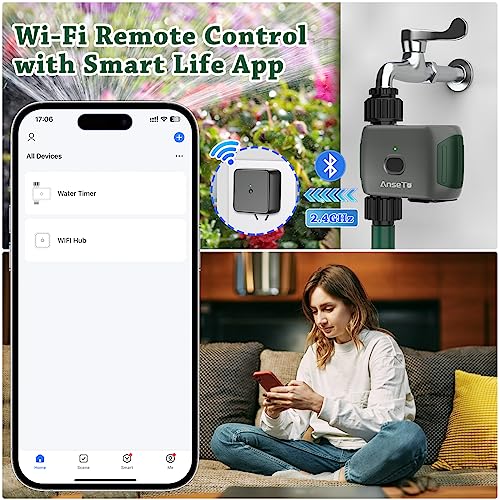 AnseTo Wifi Water Timer for Garden Irrigation System, Hose Timer for Lawn Watering System, Sprinkler Timer Compatible with Alexa and Google Home, with WiFi-Hub Remote Control and 2 Watering Modes