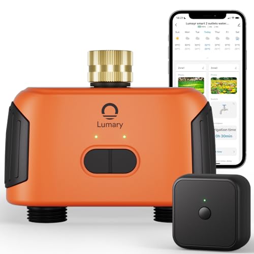 Lumary Smart Sprinkler Timer 2 Zone, WiFi Water Timer for Garden Hose, Brass Inlet Water Hose Timer Outdoor, Manual/Automatic Drip Irrigation Timer, App/Voice Control Work with Alexa