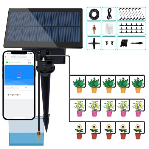 Solar WiFi Smart Automatic Watering System for Potted Plants 15 Pots, DIY Automatic Drip Irrigation Kits with APP Remotely Control Weekly Programmable Timer Indoor Outdoor Garden Self-Watering