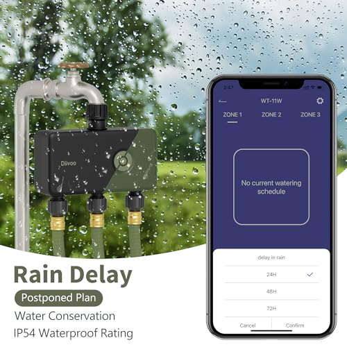 Diivoo WiFi Sprinkler Timer 3 Zone, Smart Water Hose Timer Compatible with Alexa and Google, Remote Control Irrigation Timer, Automatic Manual Watering, Rain Delay, for Garden, Yards and Lawns