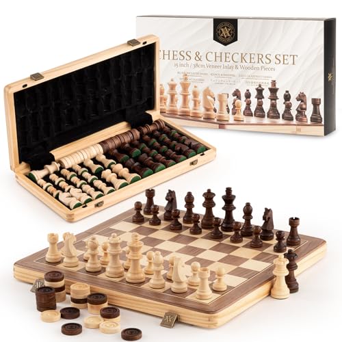 A&A 15" Folding Chess & Checkers Set with Staunton Pieces