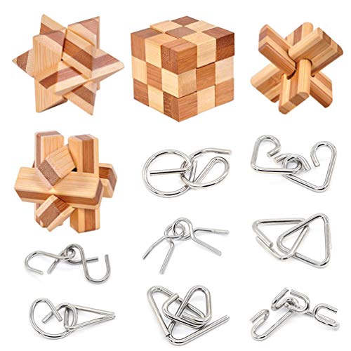 12pc Set of Bamboo 3D Metal Brain Teaser Puzzles