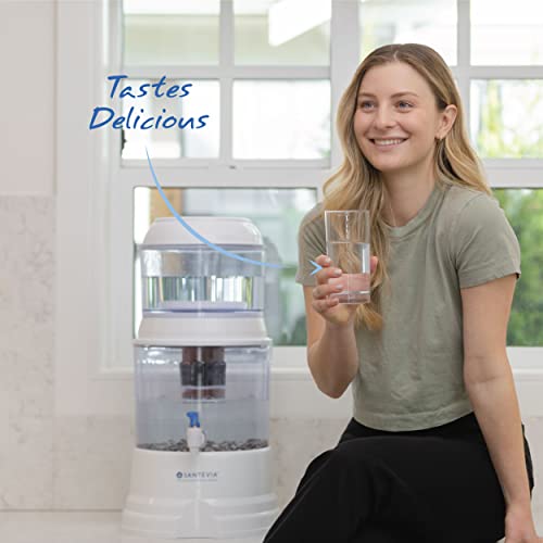 Santevia Gravity Water System Alkaline and Fluoride Filter | at Home Water Filter That Makes Water Alkaline and Adds Minerals | Chlorine and Fluoride Filter (Countertop Model)
