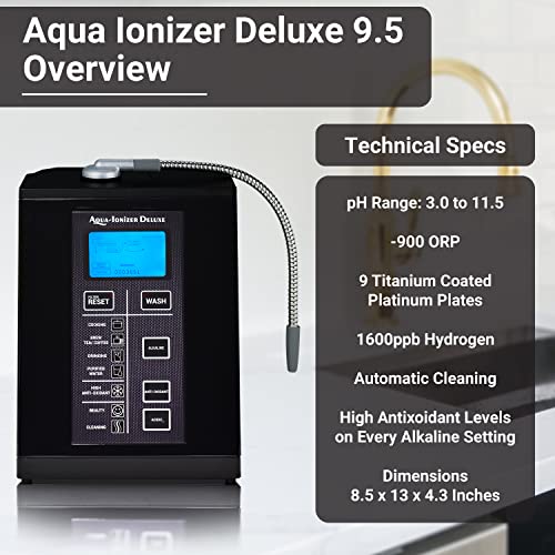 Aqua Ionizer Deluxe 9.5 Anti-Oxidant Boost Water Ionizer | Alkaline Water Filtration System | Produces pH 3.0-11.5 Alkaline Water | Up to -880mV ORP | 4000 Liters Per Filter | 7 Water Settings