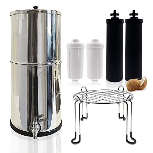 Gravity-fed water filter system with stand