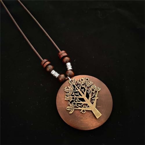 Wooden Pendant Necklace with Owl Leaf Handmade Vintage