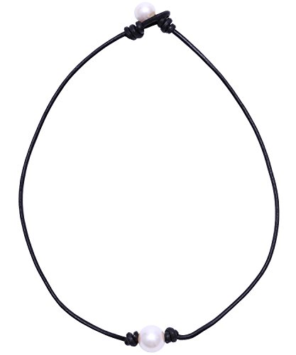 Black Genuine Leather Pearl Choker Necklace by Aobei Pearl