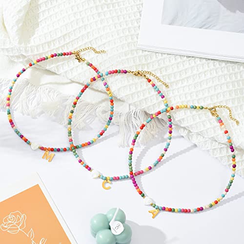 Colorful Beaded Initial Choker Necklace - Handmade Boho