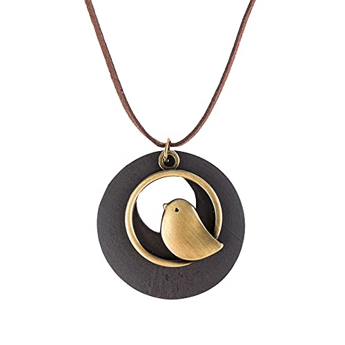 Boho Vintage Wood Pendant with Charms Leather Necklace