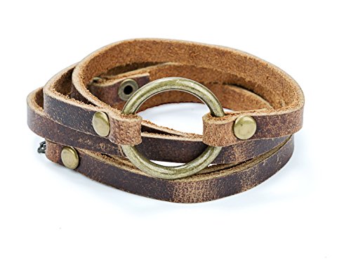 Brown Leather Wrap Bracelet with Antique Gold Circle