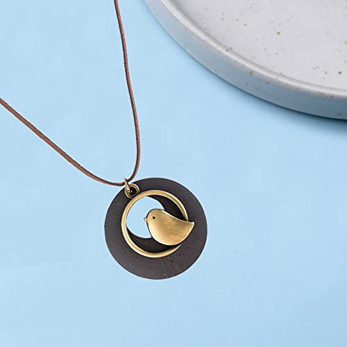 Boho Vintage Wood Pendant with Charms Leather Necklace