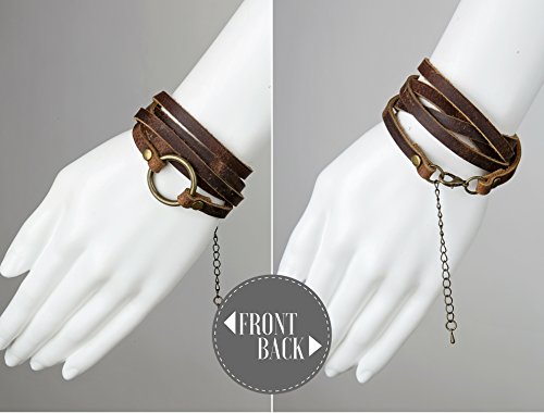 Brown Leather Wrap Bracelet with Antique Gold Circle