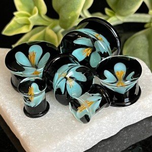 Floating Flower Black Glass Double Flare Plugs