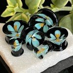 Floating Flower Black Glass Double Flare Plugs