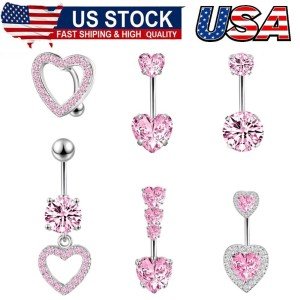 Cute Pink Heart Surgical Steel Belly Button Ring