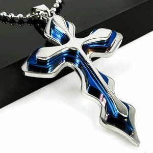 Cross Pendant Necklace in Blue Stainless Steel