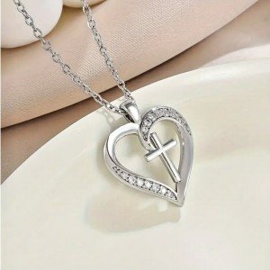 Sterling Silver Heart Cross Faith Pendant Necklace