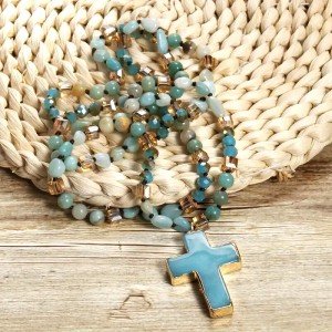 Boho Blue Stone Cross Pendant Necklace